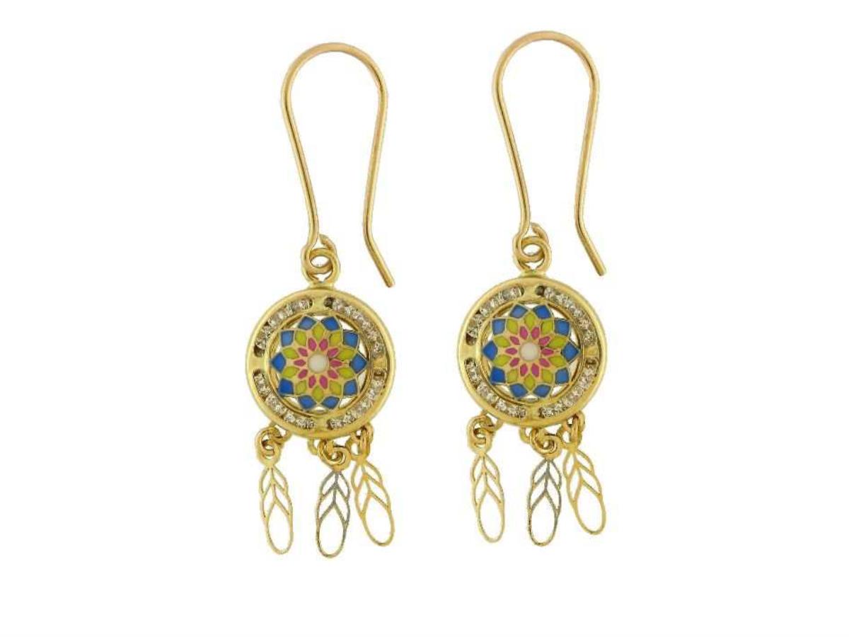 14K Yellow Gold Enamel Danging Fishhook Earrings