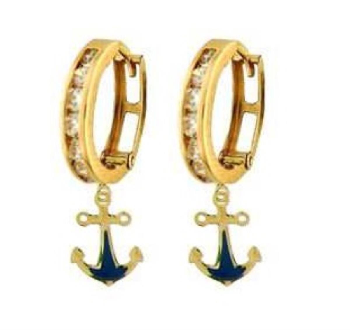 14K Yellow Gold Enamel & CZ Huggie Anchor Earrings