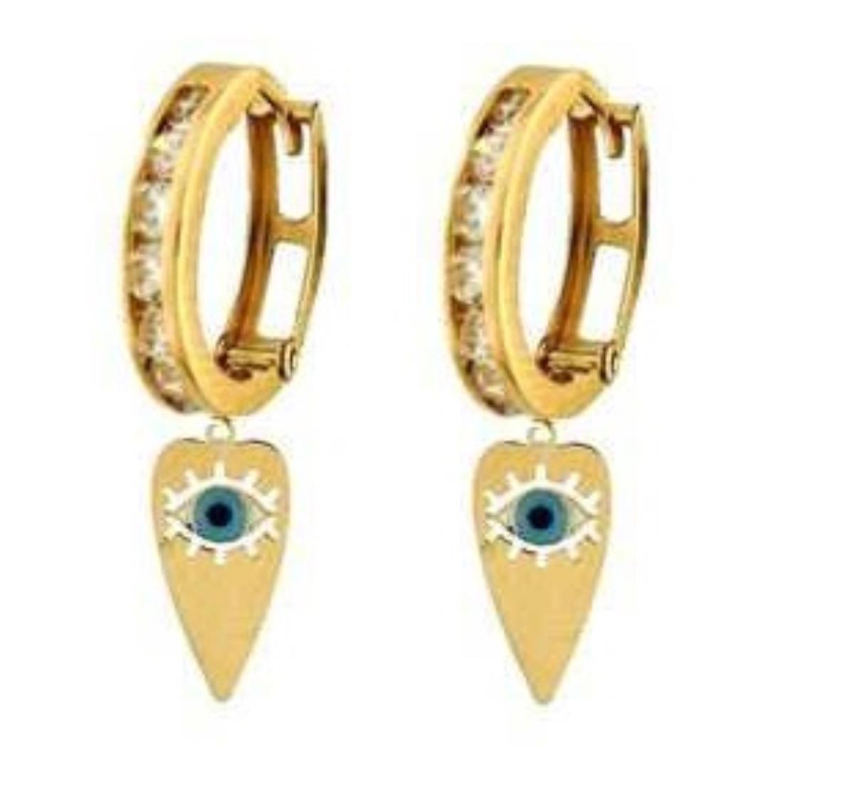 14K Yellow Gold  Enamel & CZ Huggie Evil Eye Earrings