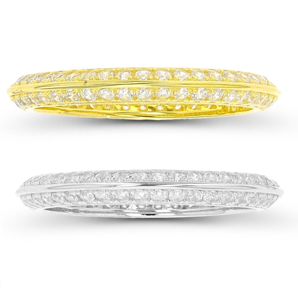 Sterling Silver Rhodium & Yellow 1Micron 2 Row Micropave Eternity Ring Set
