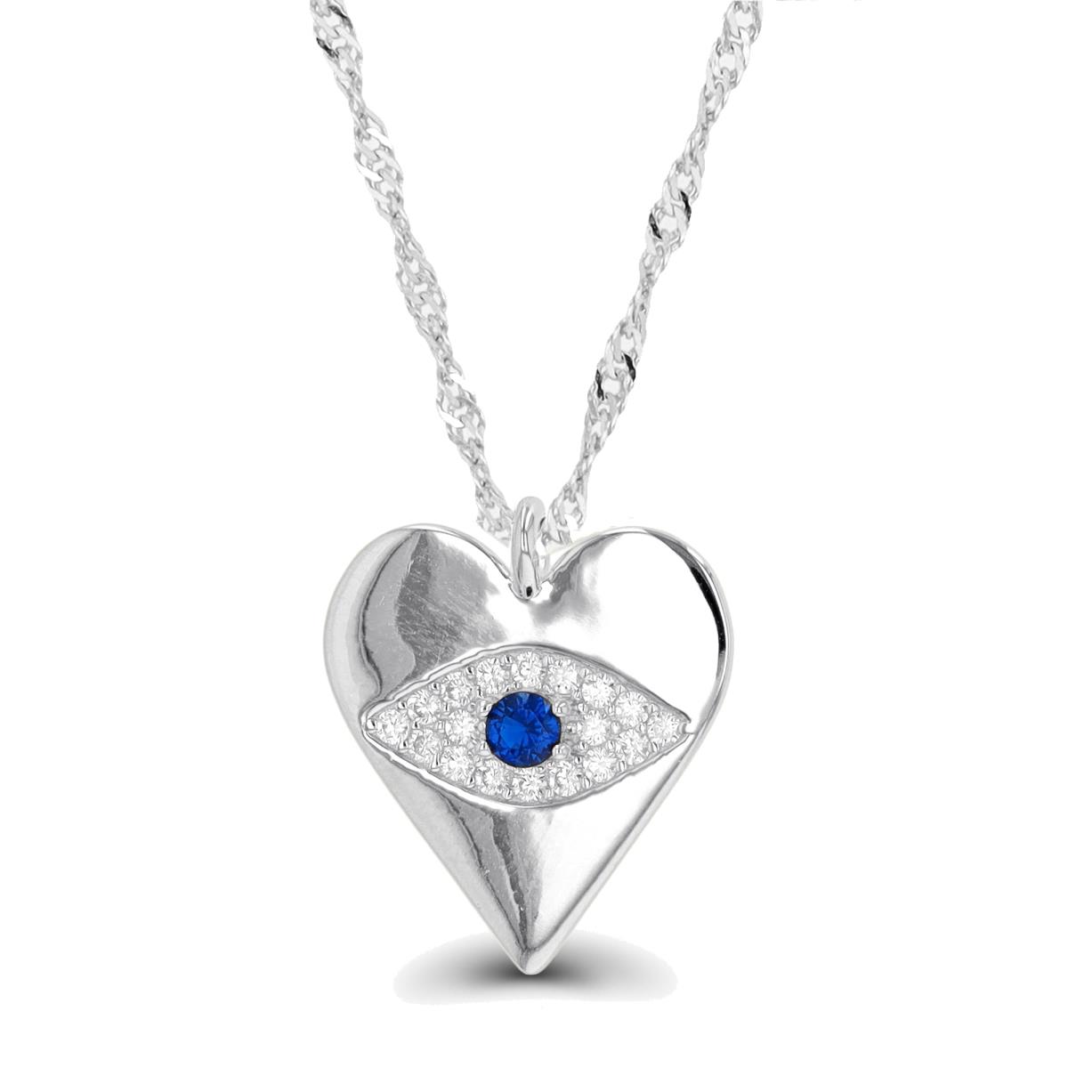 Sterling Silver Rhodium Evil Eye Heart 18"+2" Singapore Necklace