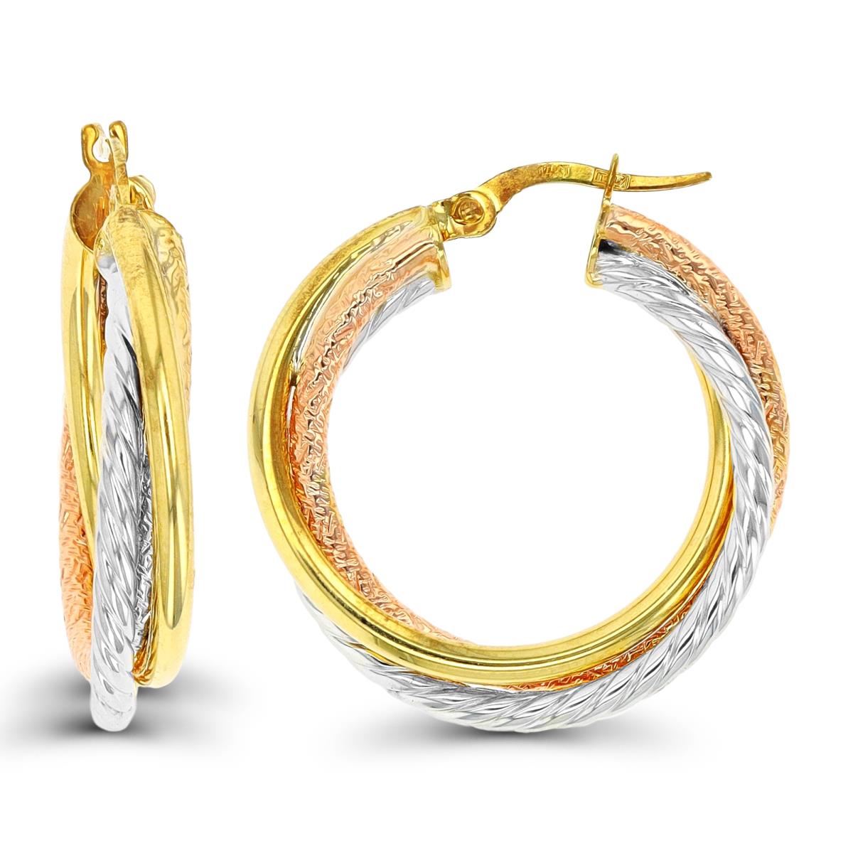 14K Tri-Color Gold 28x5mm Multi Textured Triple Hoop Earring