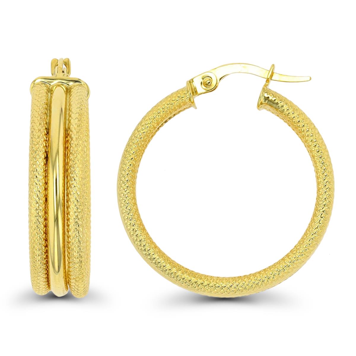 14K Yellow Gold 26x6mm Textured Sides Triple Hoop Earring