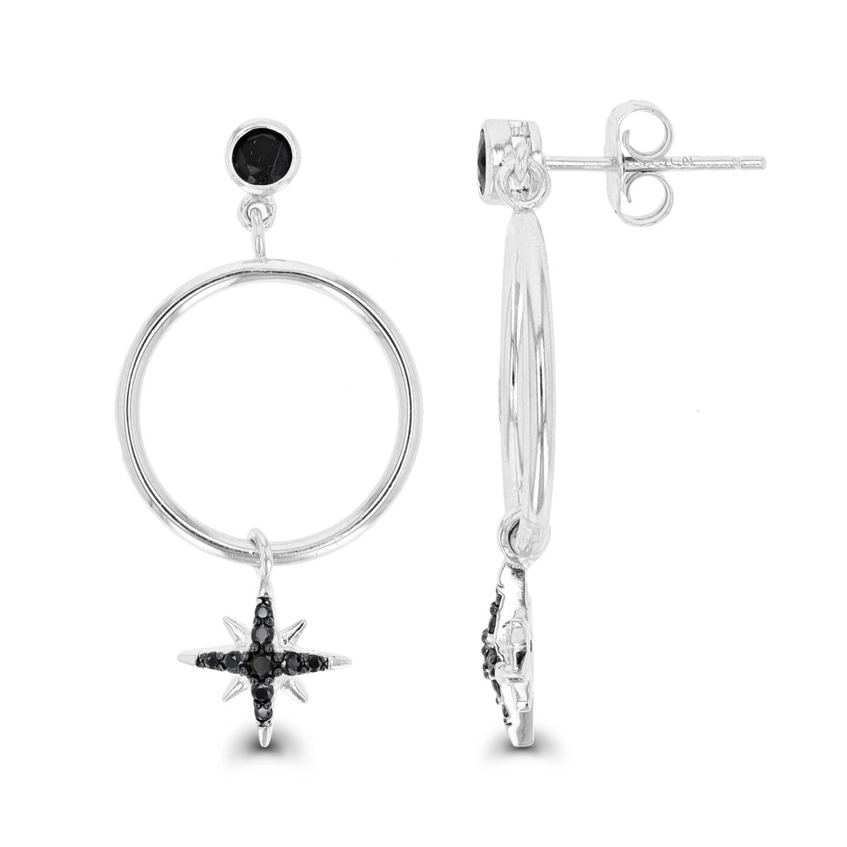 Sterling Silver Rhodium & Black Black Spinel Dangling Hoop/Starburst Earring