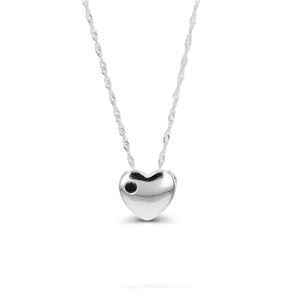 Sterling Silver Rhodium Black Spinel Heart 18"+2" Singapore Necklace