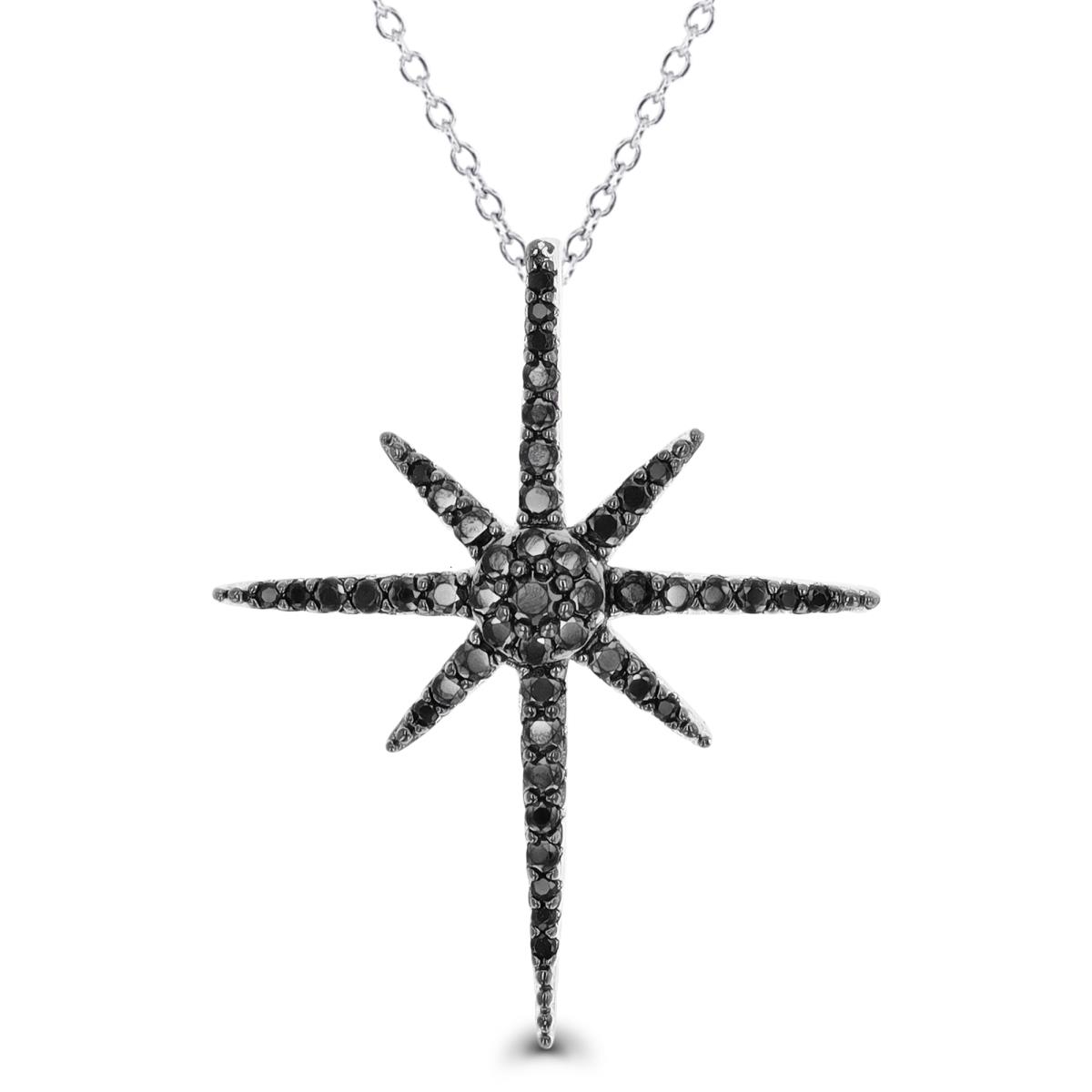 Sterling Silver Rhodium & Black Black Spinel Paved Starburst 18" Necklace