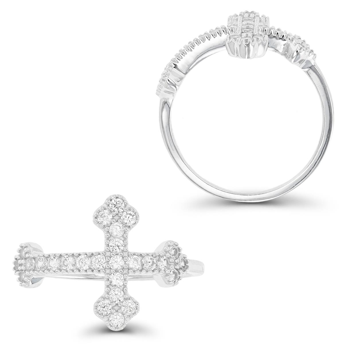 Sterling Silver Rhodium Milgrain Cross Fashion Ring