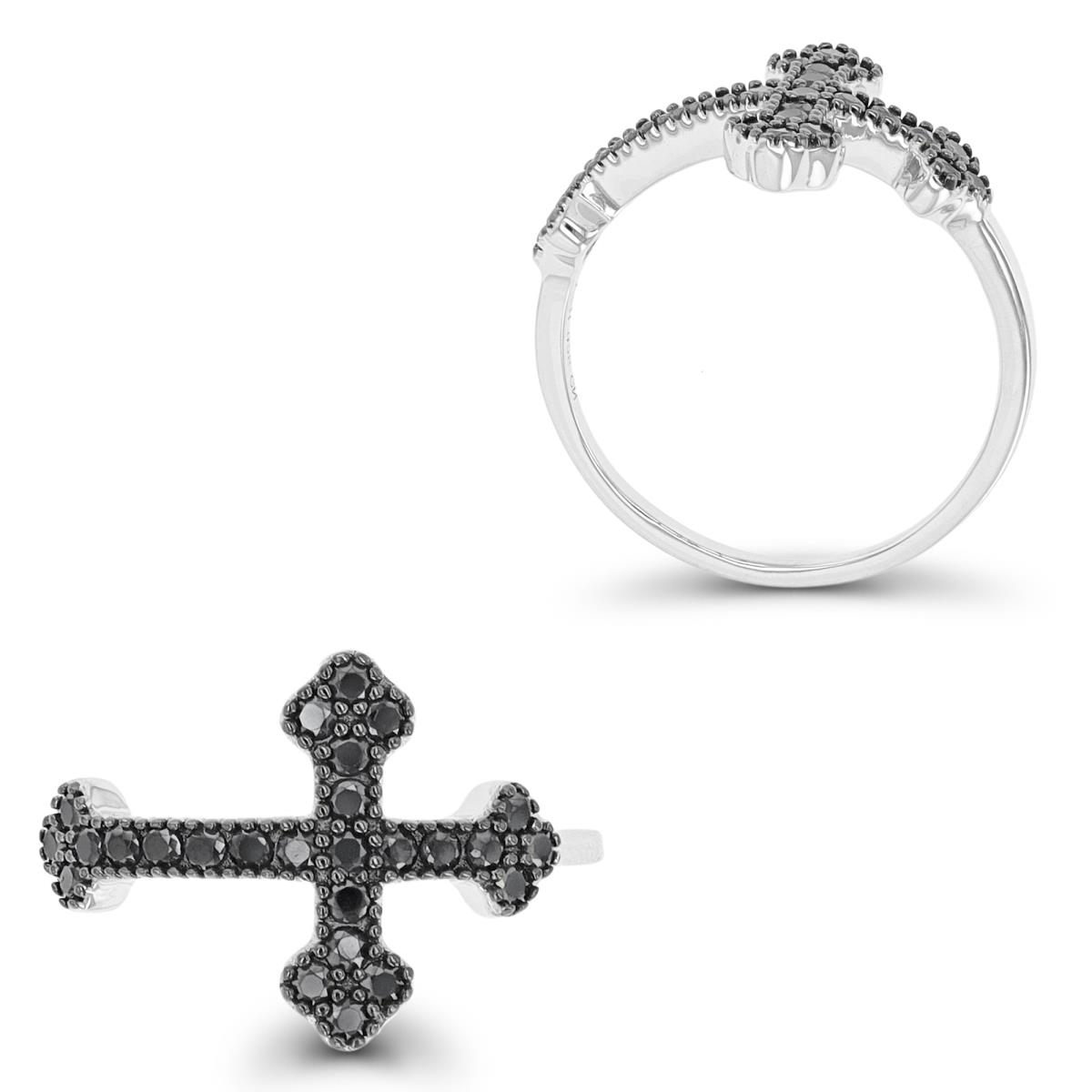 Sterling Silver Rhodium & Black Milgrain Black Spinel Cross Fashion Ring