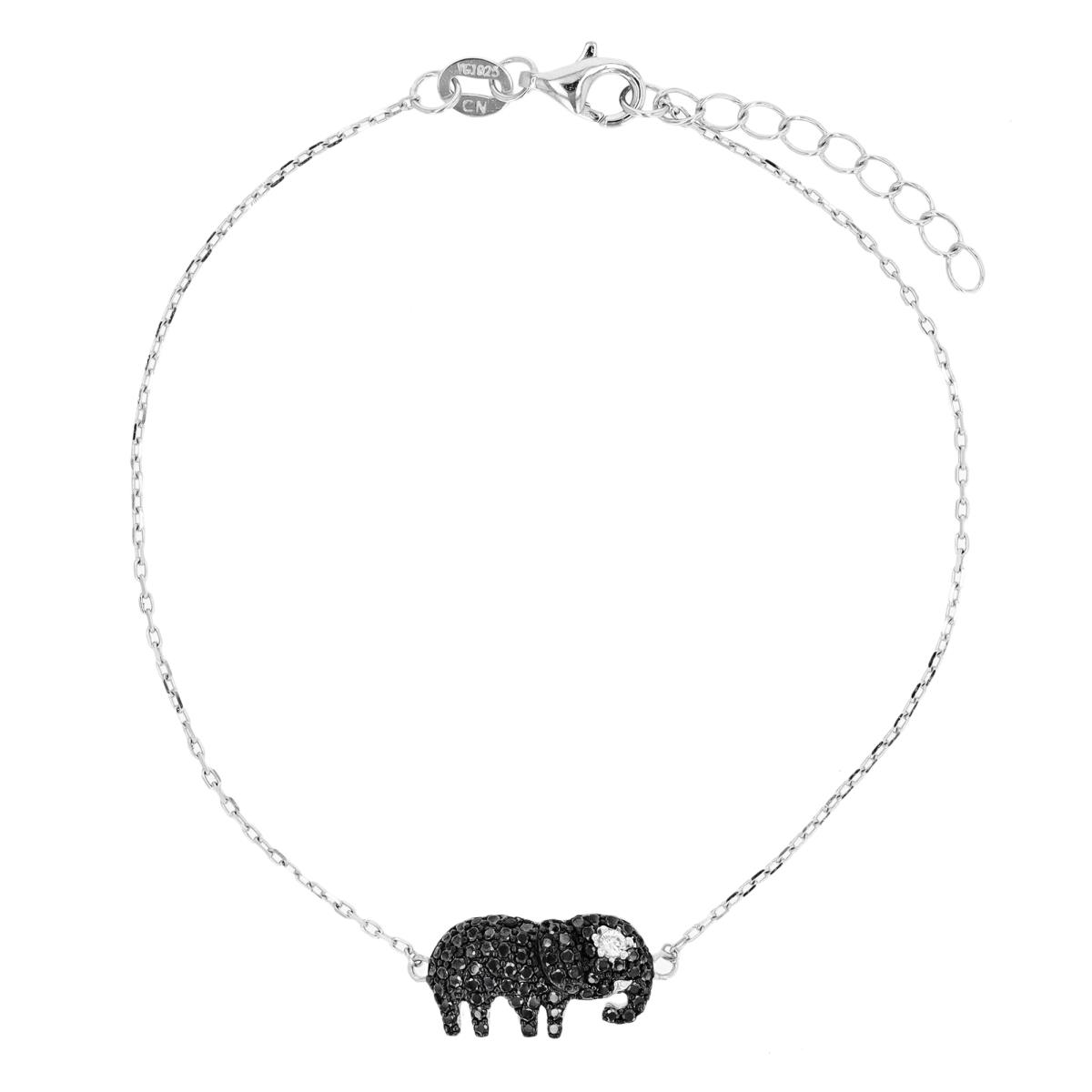 Sterling Silver Rhodium & Black Black Spinel/White Zircon Paved Elephant 7"+1" Bracelet