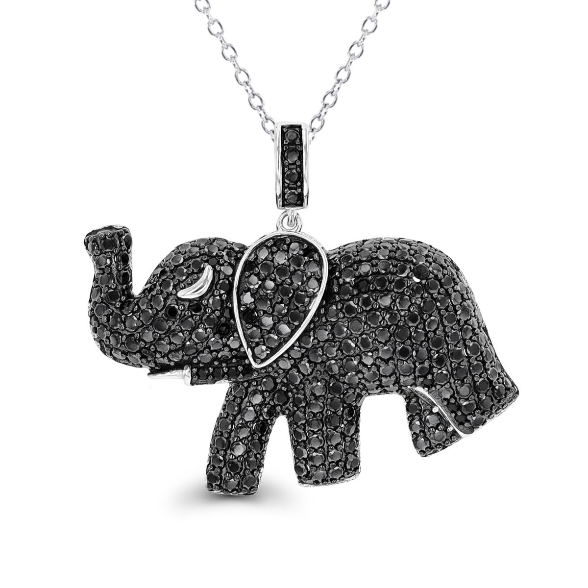 Sterling Silver Rhodium & Black Black Spinel Paved Elephant 18" Necklace