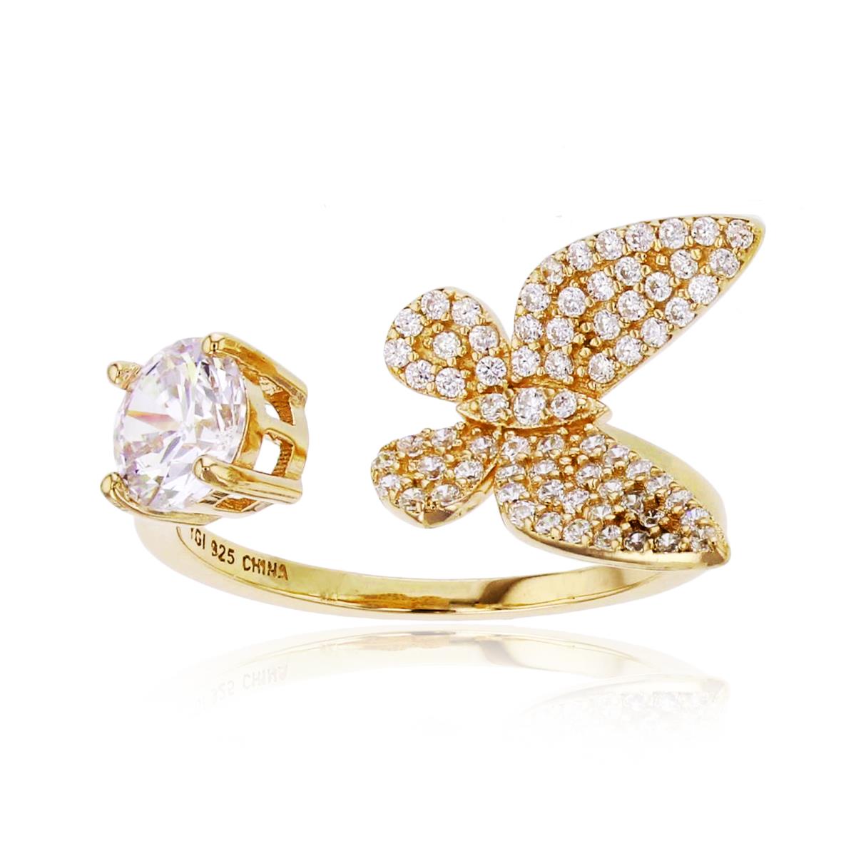 Sterling Silver Yellow Micropave Butterfly & 6mm Rd CZ Adj Fashion  12.5mm Polished Ring