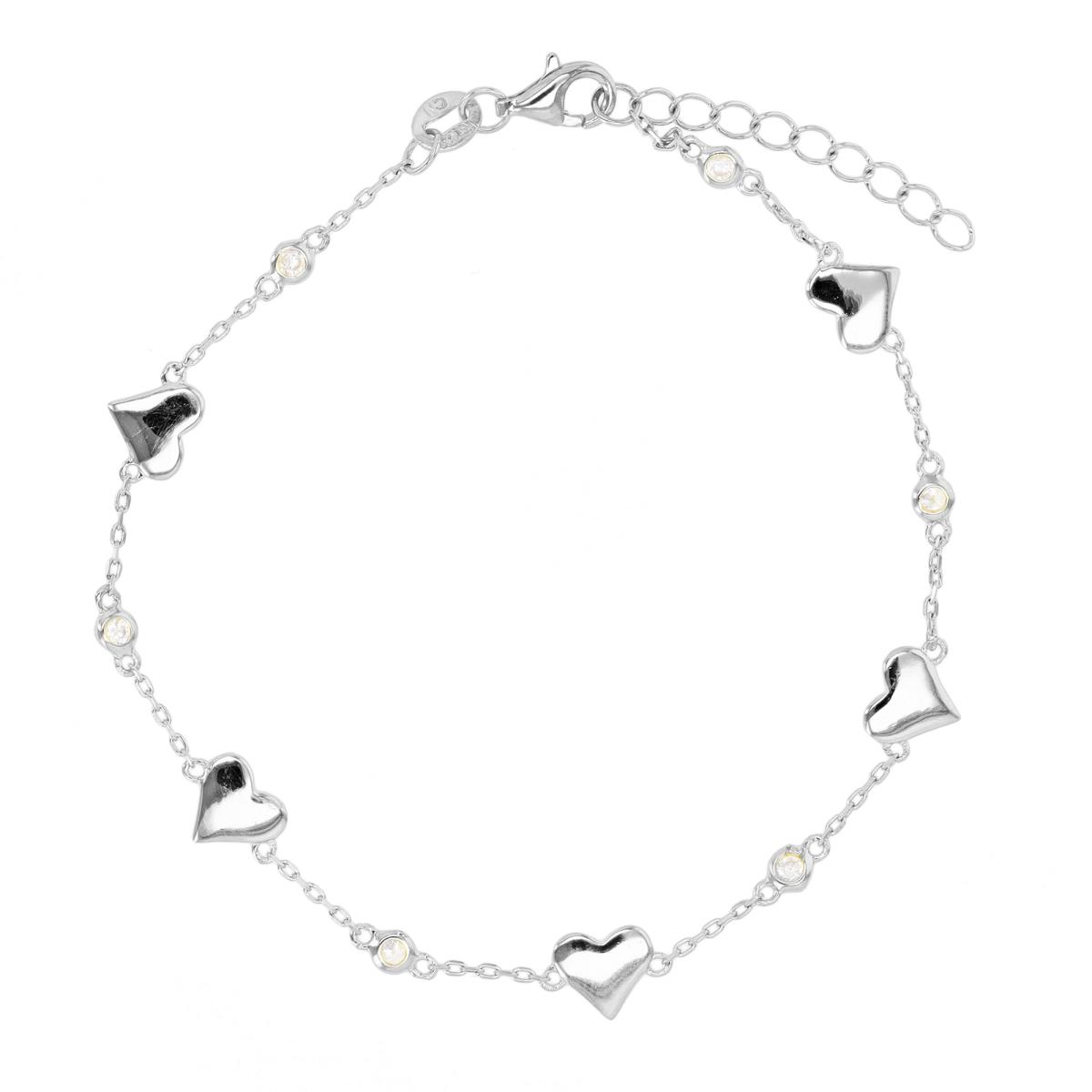 Sterling Silver Rhodium Heart Bezel CZ 5''+1''+1 Bracelet