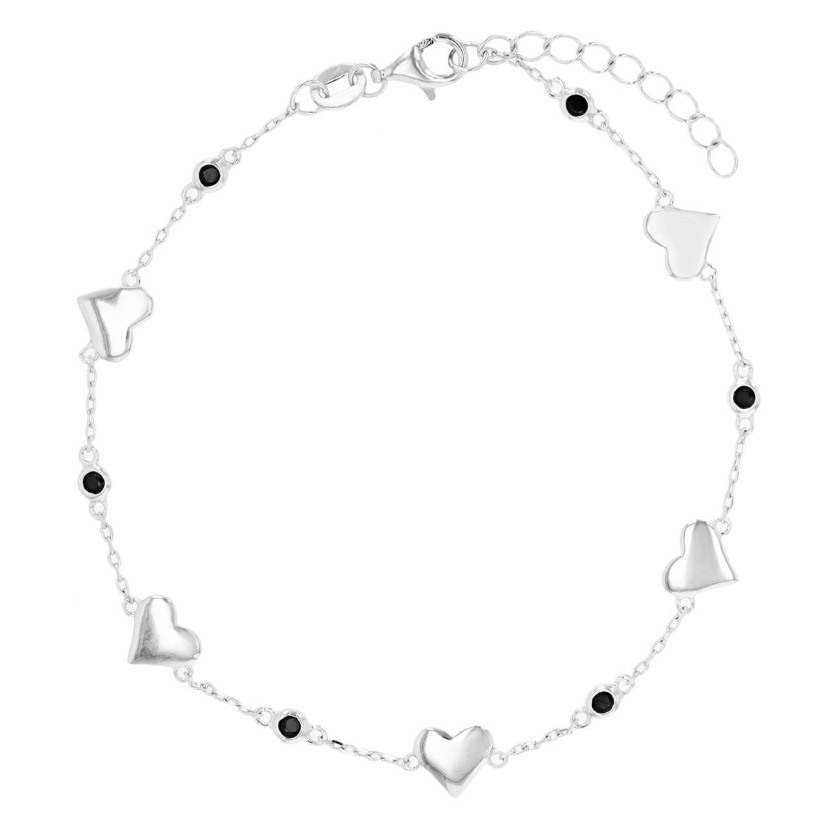 Sterling Silver Rhodium Heart Bezel Black Spinel 7"+1" Bracelet