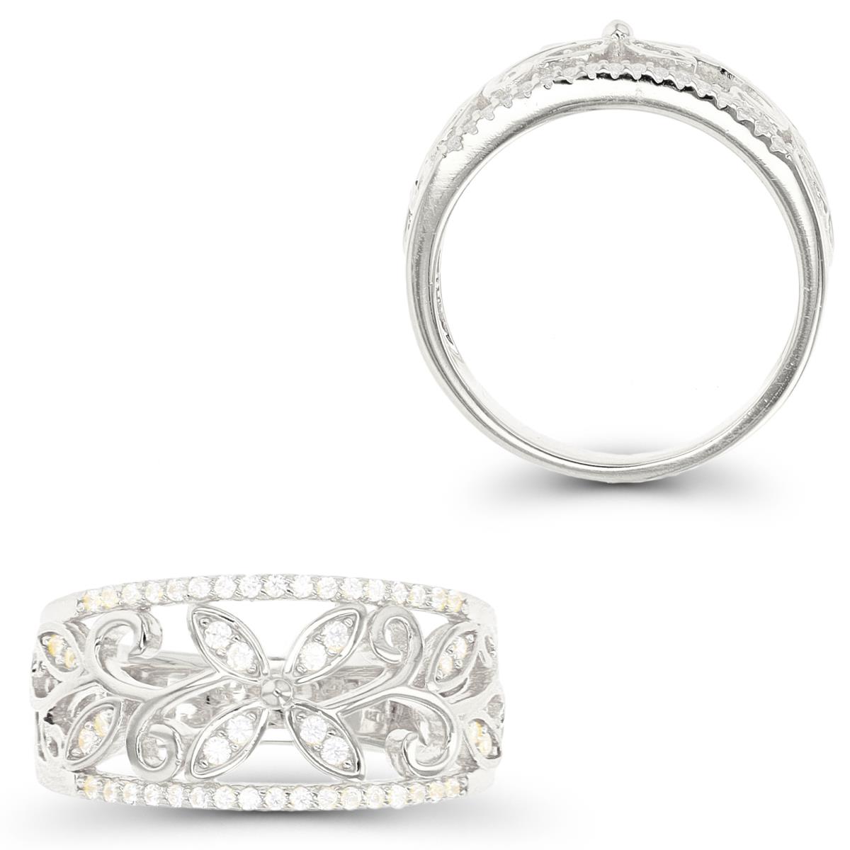Sterling Silver Rhodium Floral Fashion Ring