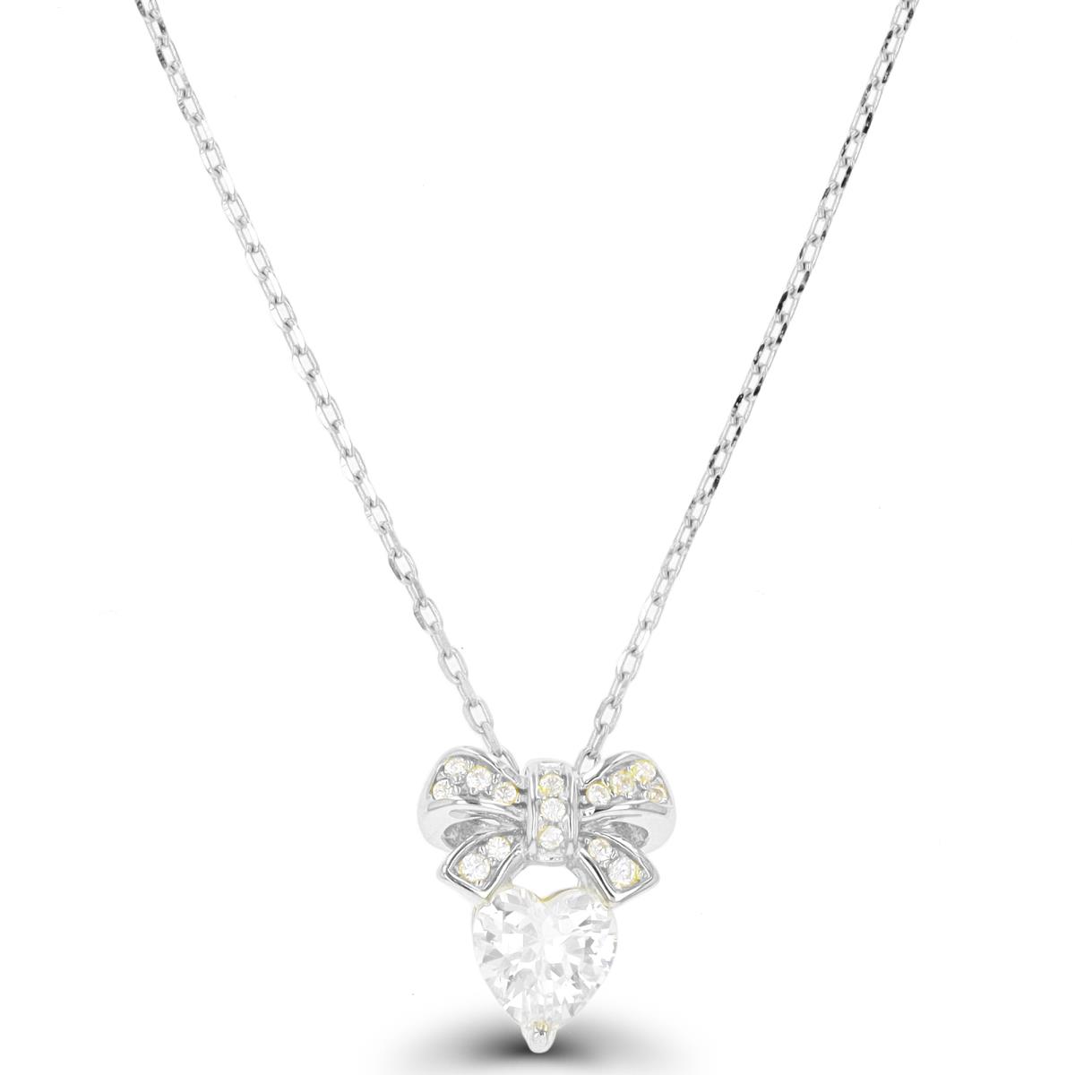 Sterling Silver Rhodium 6mm Heart CZ Bow 16"+2" Necklace
