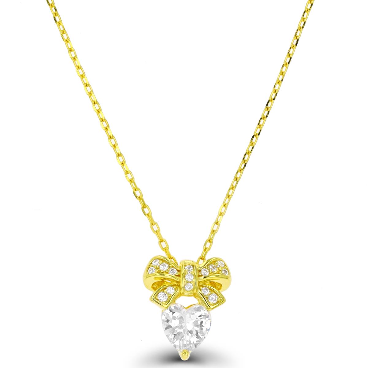 Sterling Silver Yellow 1-Micron 6mm Heart CZ Bow 16"+2" Necklace