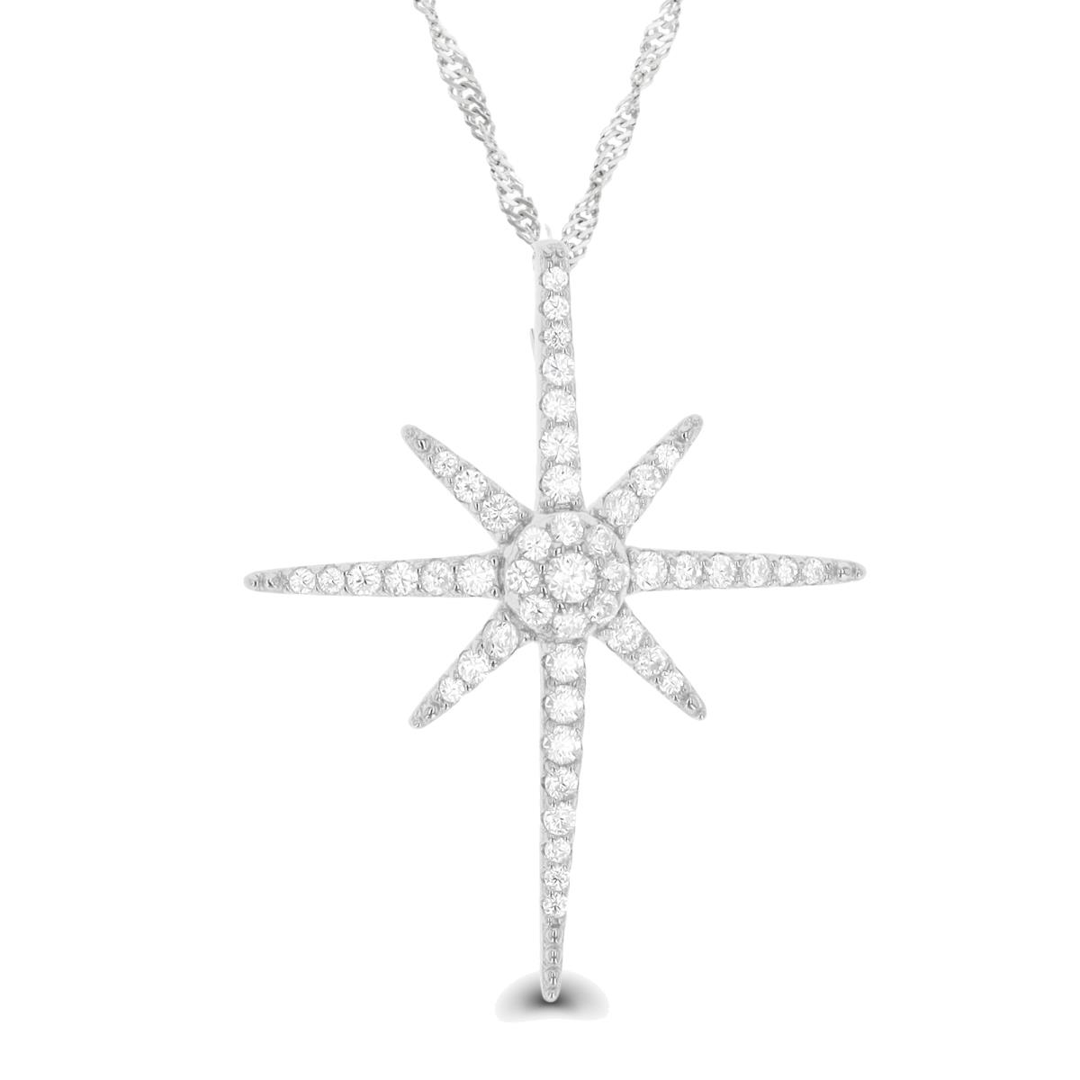 Sterling Silver Rhodium Paved Starburst 18"+2" Singapore Necklace
