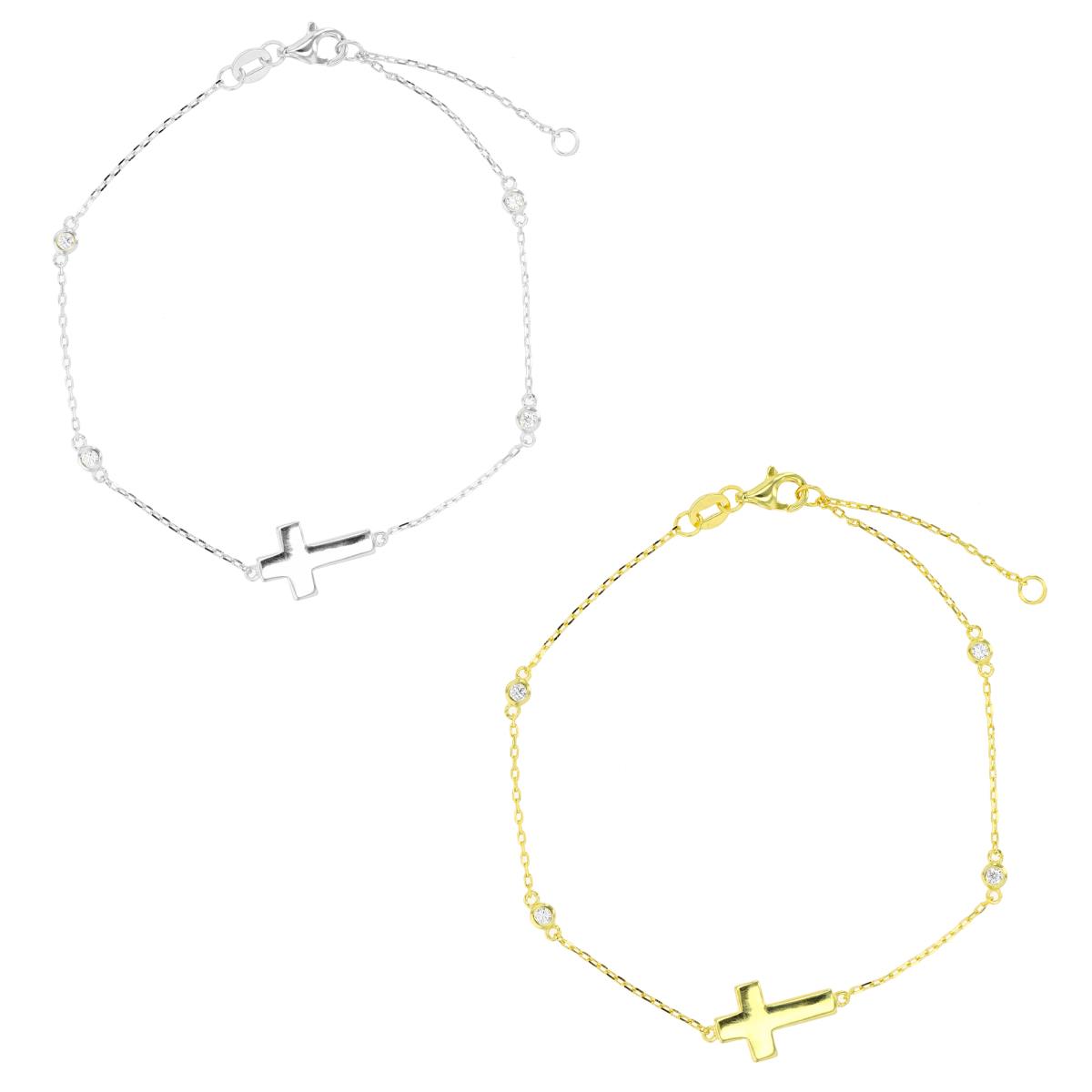 Sterling Silver Rhodium & Yellow 1-Micron Cross Bezel 7"+1" Bracelet Set