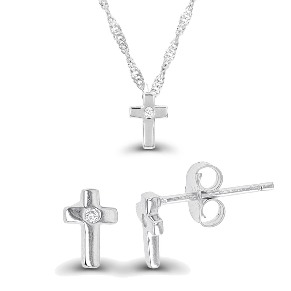 Sterling Silver Rhodium Cross 10"+2" Singapore Necklace & Earring Set