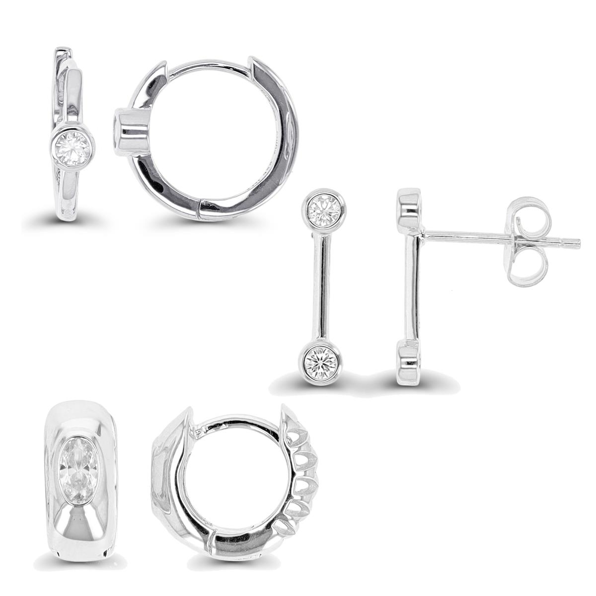 Sterling Silver Rhodium Double Bezel Stud, Oval Huggie & Bezel Huggie Earring Set