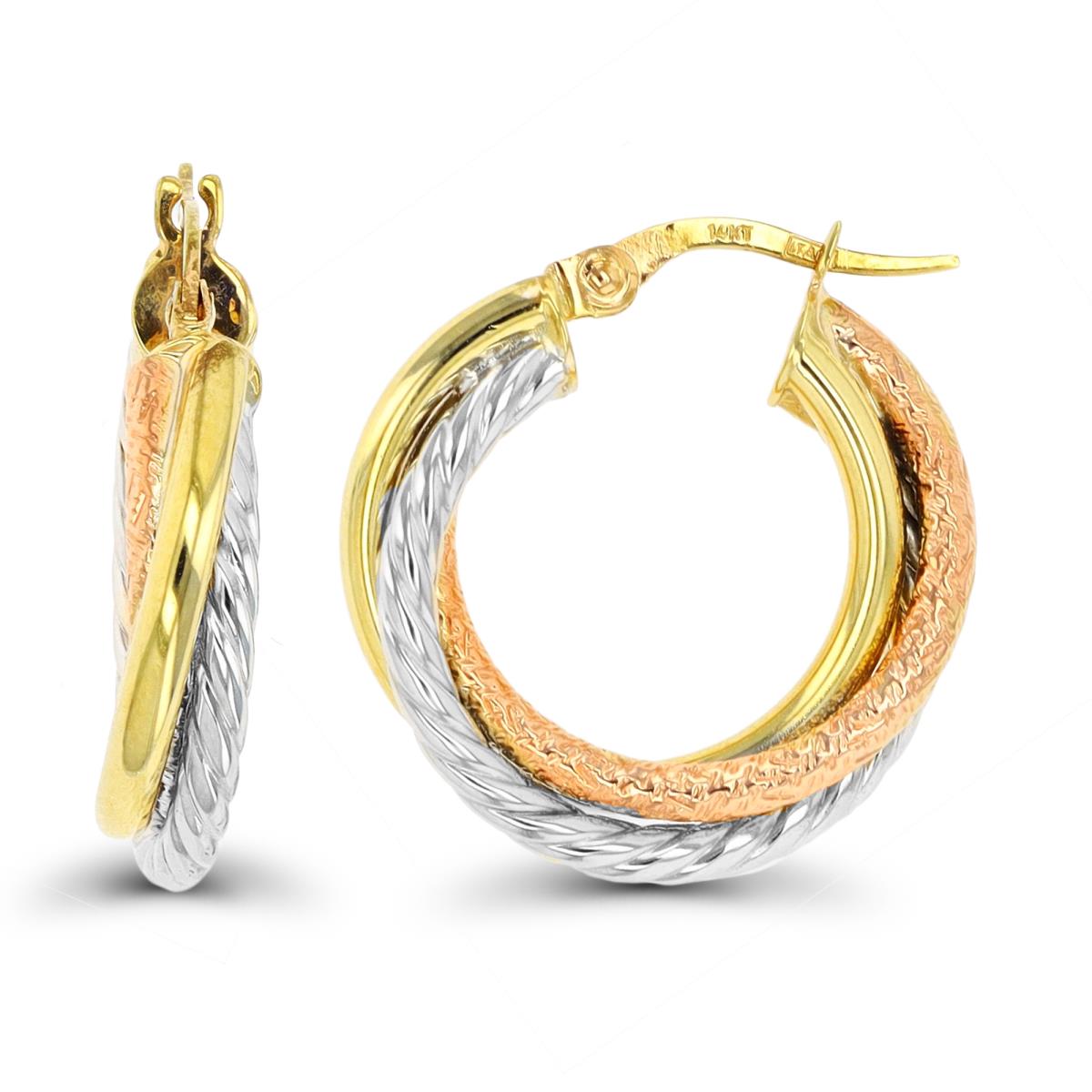 10K Tri-Color Gold 22x5mm Multi Texture Triple Hoop Earring