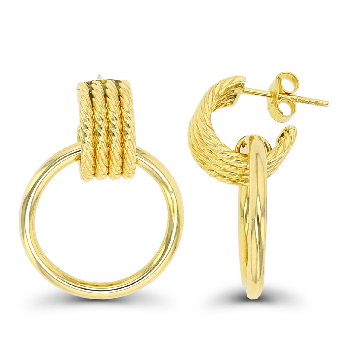 10K Yellow Gold Twist Half Huggie with Dangling Hoop Earring