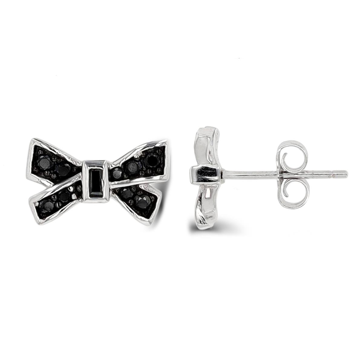 Sterling Silver Rhodium & Black Black Spinel Bow Stud Earring