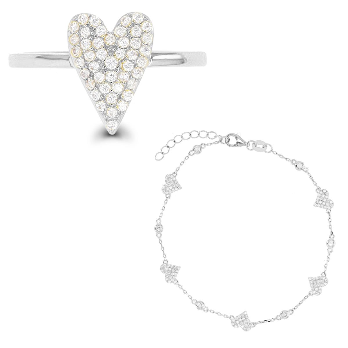 Sterling Silver Rhodium Paved Heart Fashion Ring & Bracelet Set