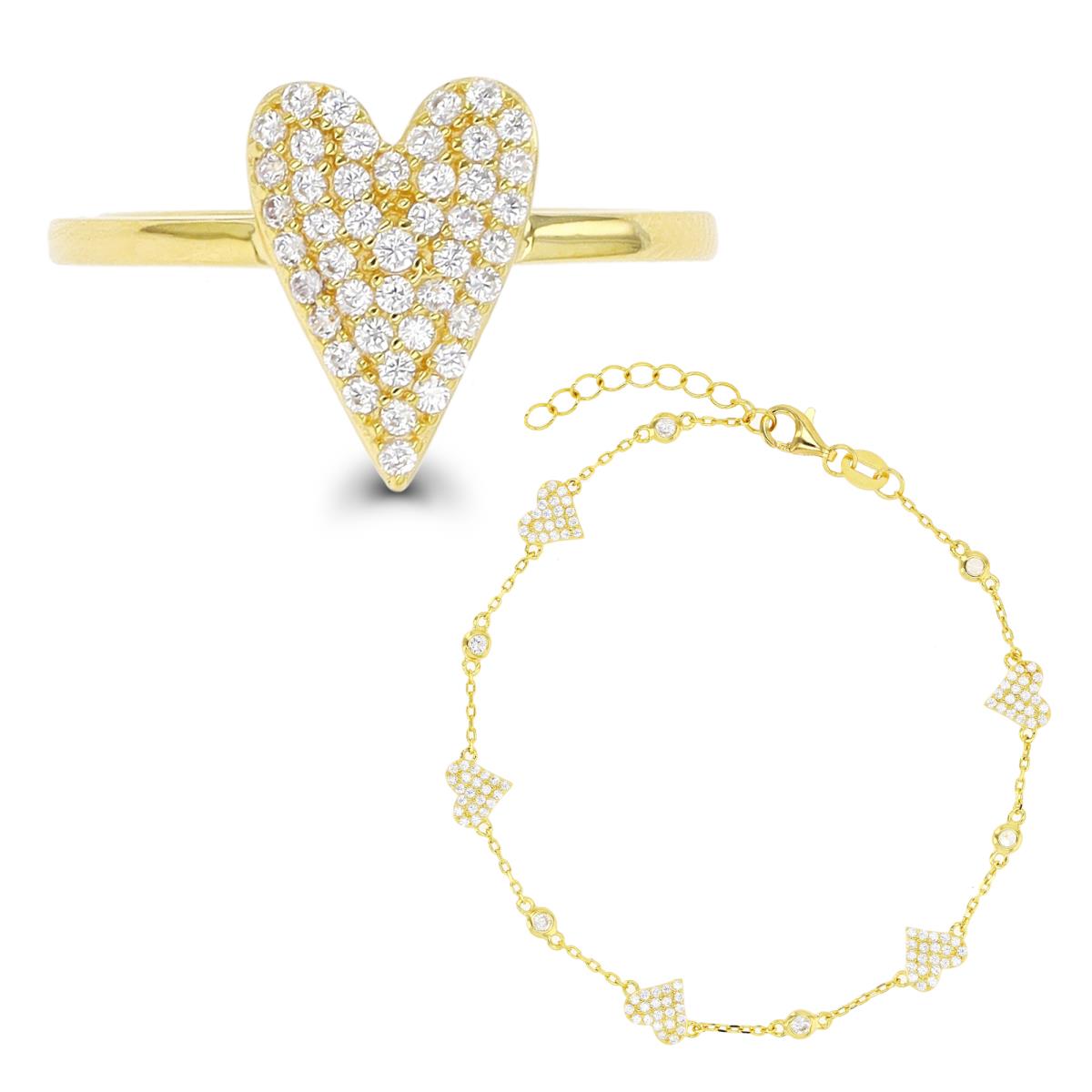 Sterling Silver Yellow 1-Micron Paved Heart Fashion Ring & Bracelet Set