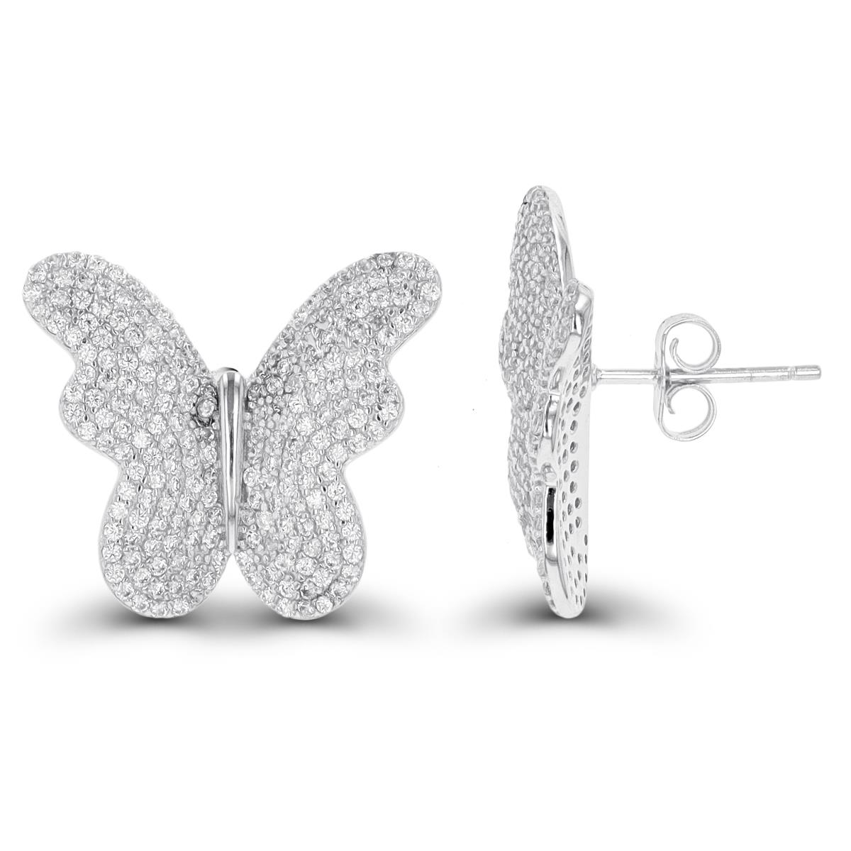 Sterling Silver Rhodium Paved Butterfly Stud Earring