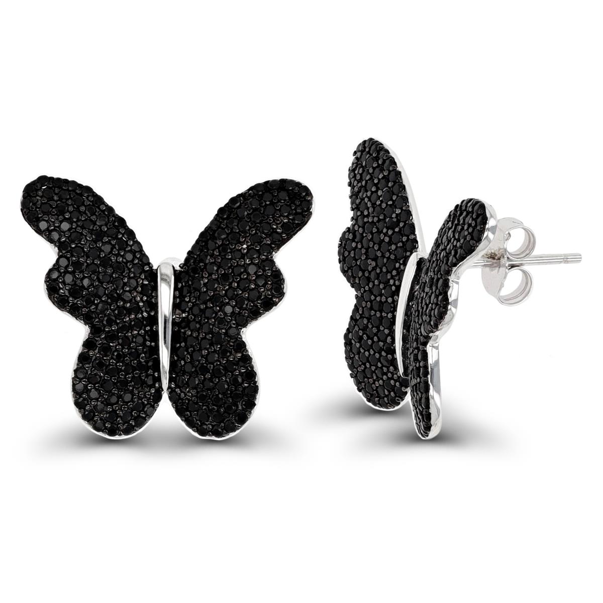 Sterling Silver Rhodium & Black Black Spinel Paved Butterfly Stud Earring