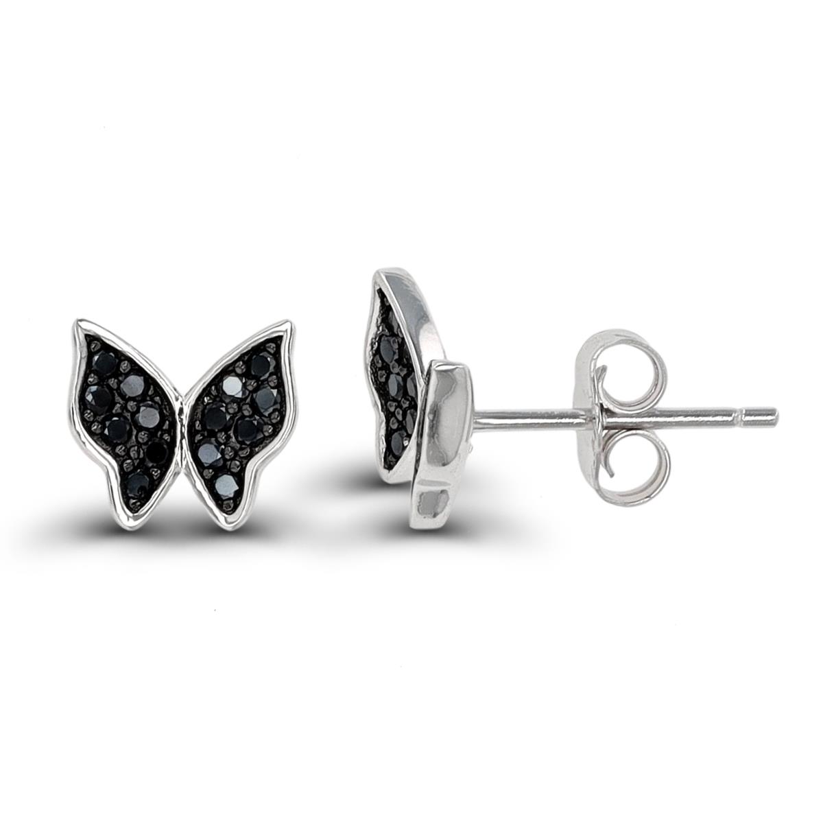 Sterling Silver Rhodium & Black Black Spinel Butterfly Stud Earring