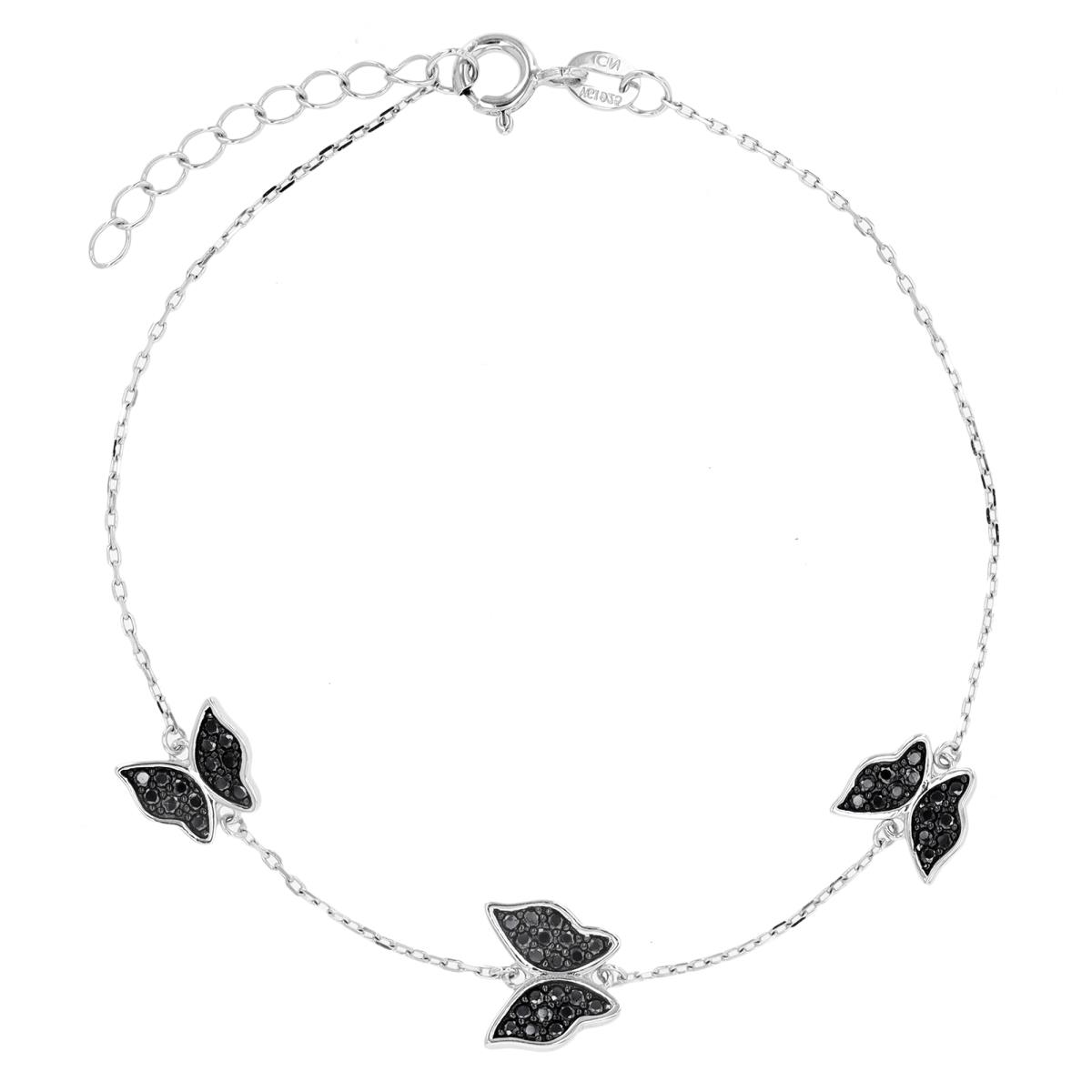 Sterling Silver Rhodium & Black Black Spinel Butterfly 7"+1" Bracelet