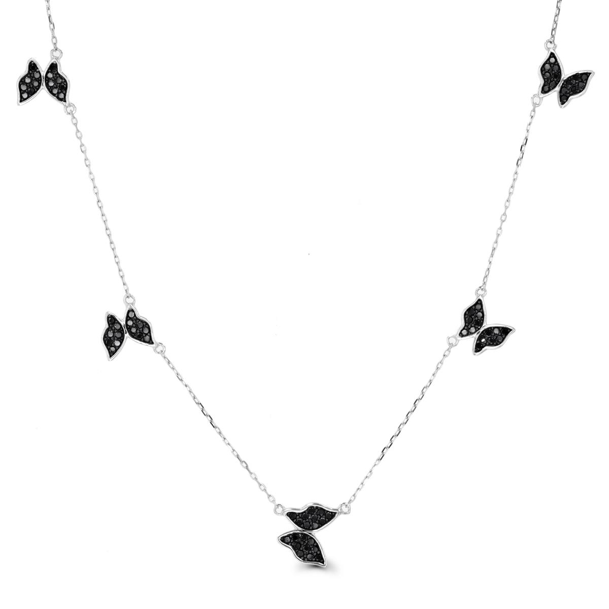 Sterling Silver Rhodium & Black / Black CZ Butterfly 16"+2" Necklace