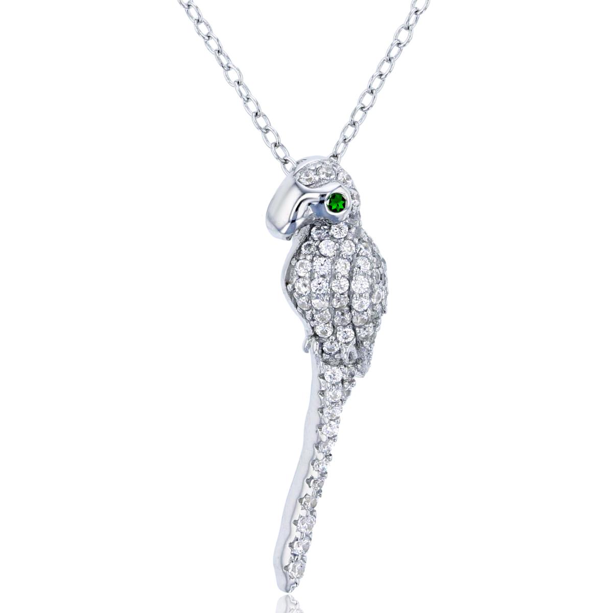 Sterling Silver Rhodium Rnd White Zircon/ Chrome Diopside Parrot 18" Necklace