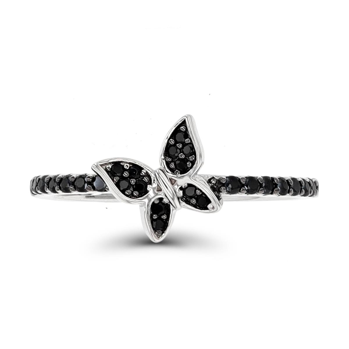 Sterling Silver Rhodium & Black / Black CZ  Butterfly Fashion Ring