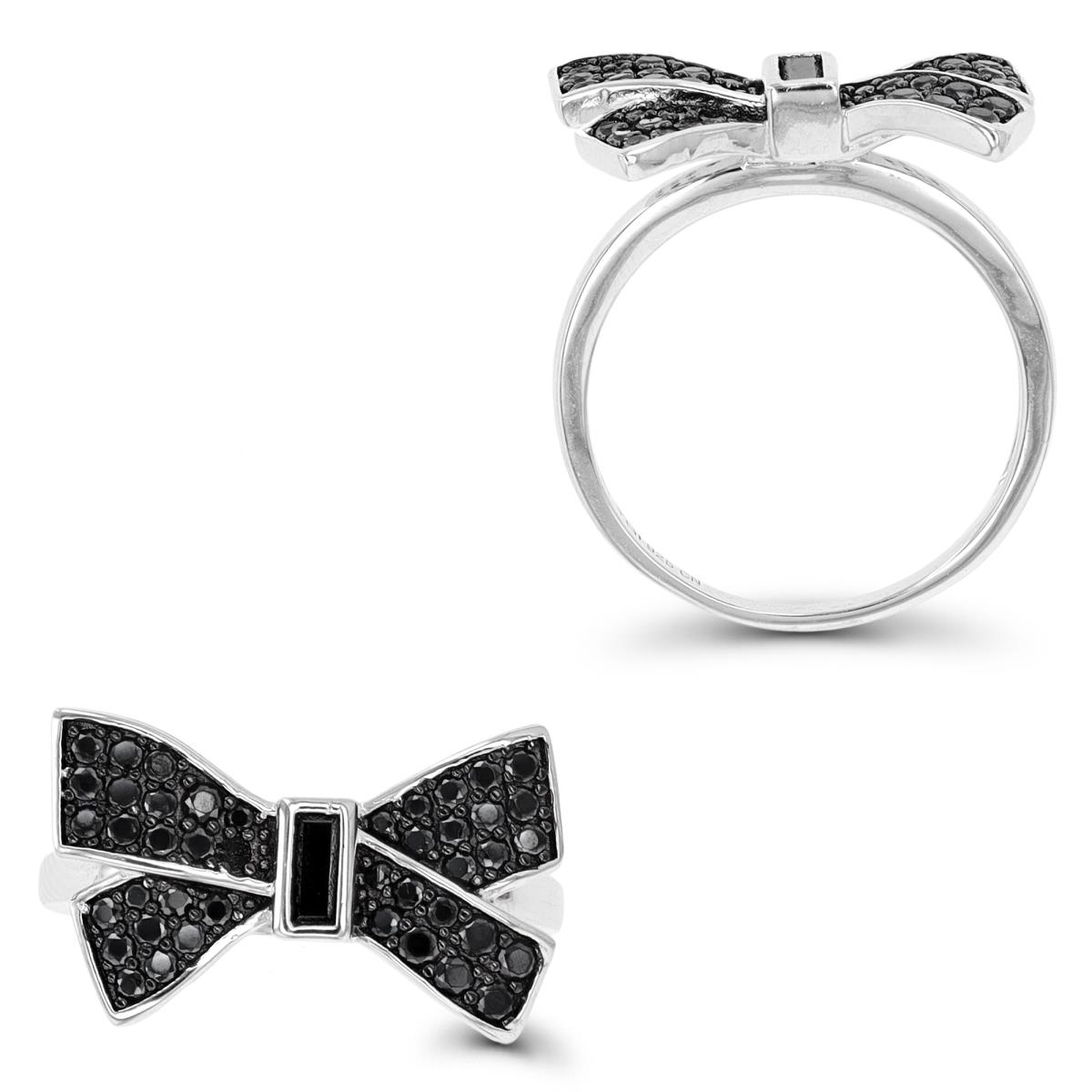 Sterling Silver Rhodium & Black Black Spinel Paved Bow Fashion Ring