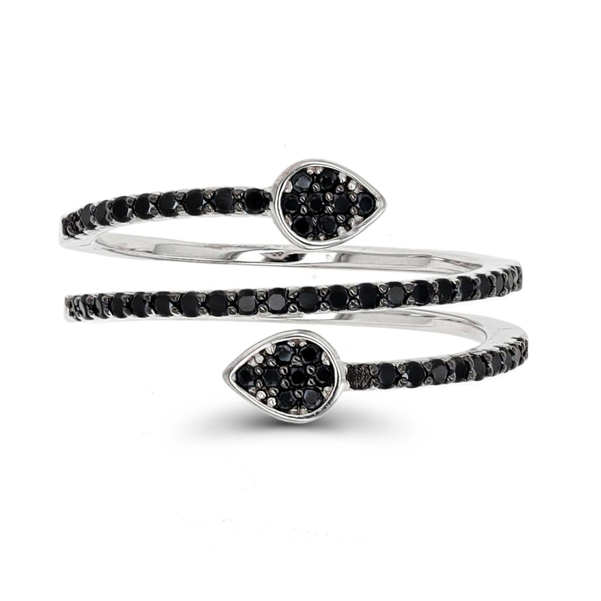 Sterling Silver Rhodium & Black Black Spinel Paved Wrap Fashion Ring
