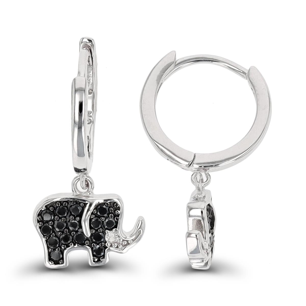 Sterling Silver Rhodium & Black Black Spinel/White Zircon Dangling Elephant Huggie Earring