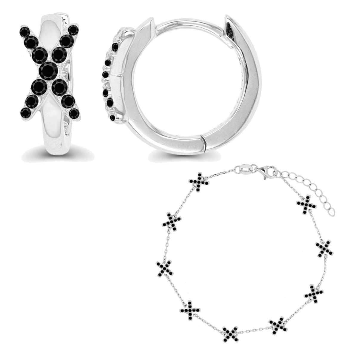 Sterling Silver Rhodium & Black Black Spinel "X" Huggie & Bracelet Set