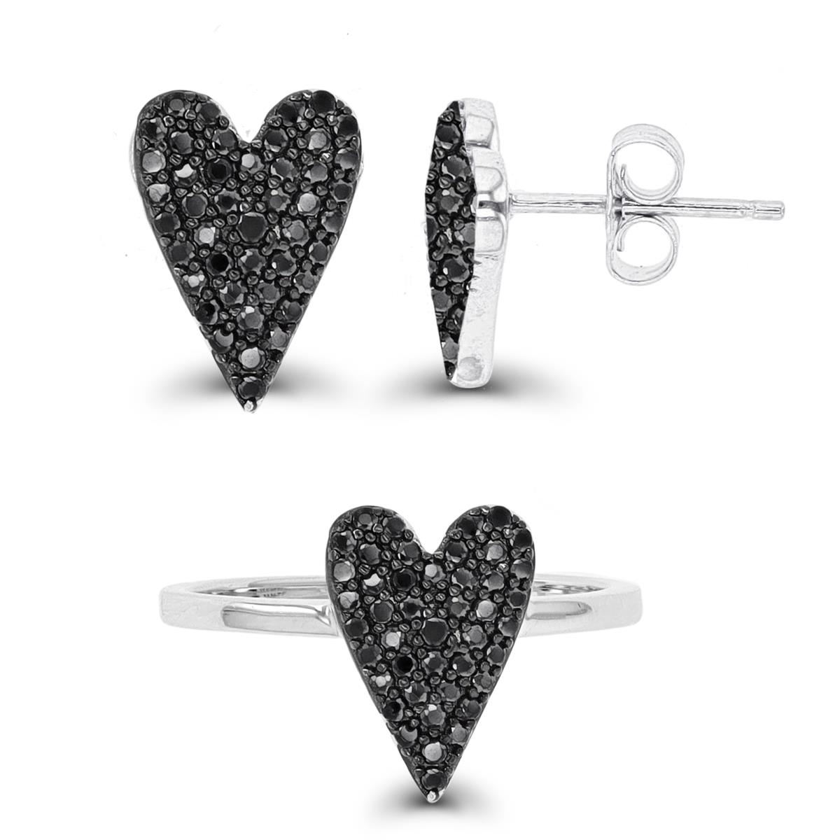 Sterling Silver Rhodium & Black Paved Black Spinel Heart Earring & Ring Set