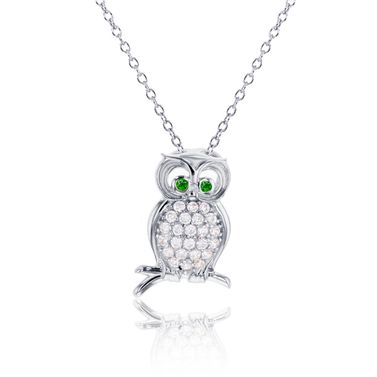 Sterling Silver Rhodium Rnd White Zircon & Chrome Diopside Textured Owl 18"Necklace