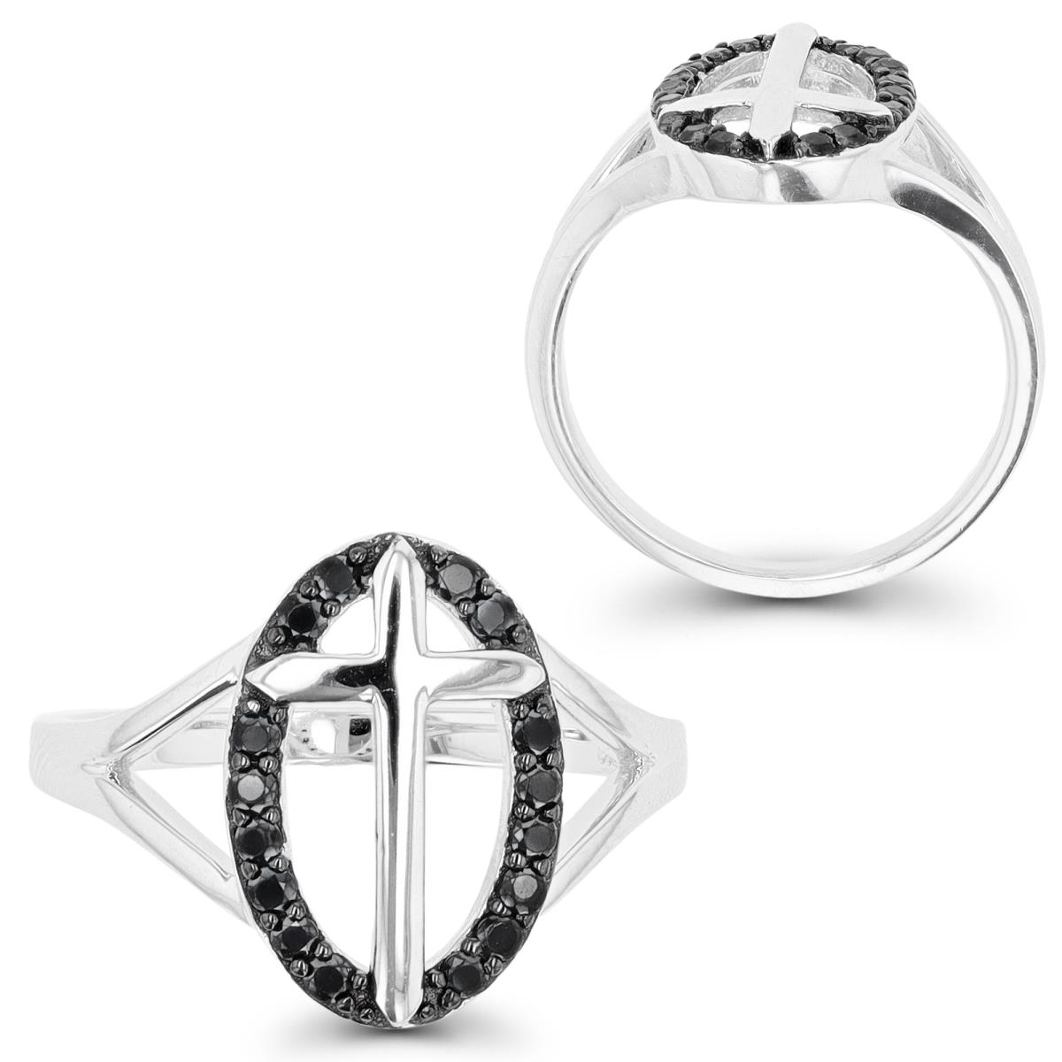 Sterling Silver Rhodium & Black Oval Black Spinel Cross Fashion Ring