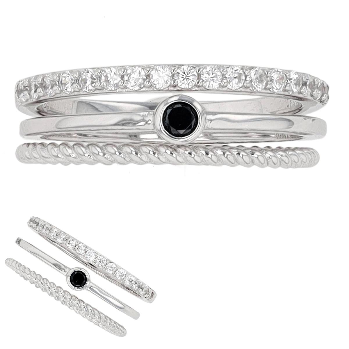 Sterling Silver Rhodium Rope, Paved & Black Spinel Bezel Triple Stack Ring