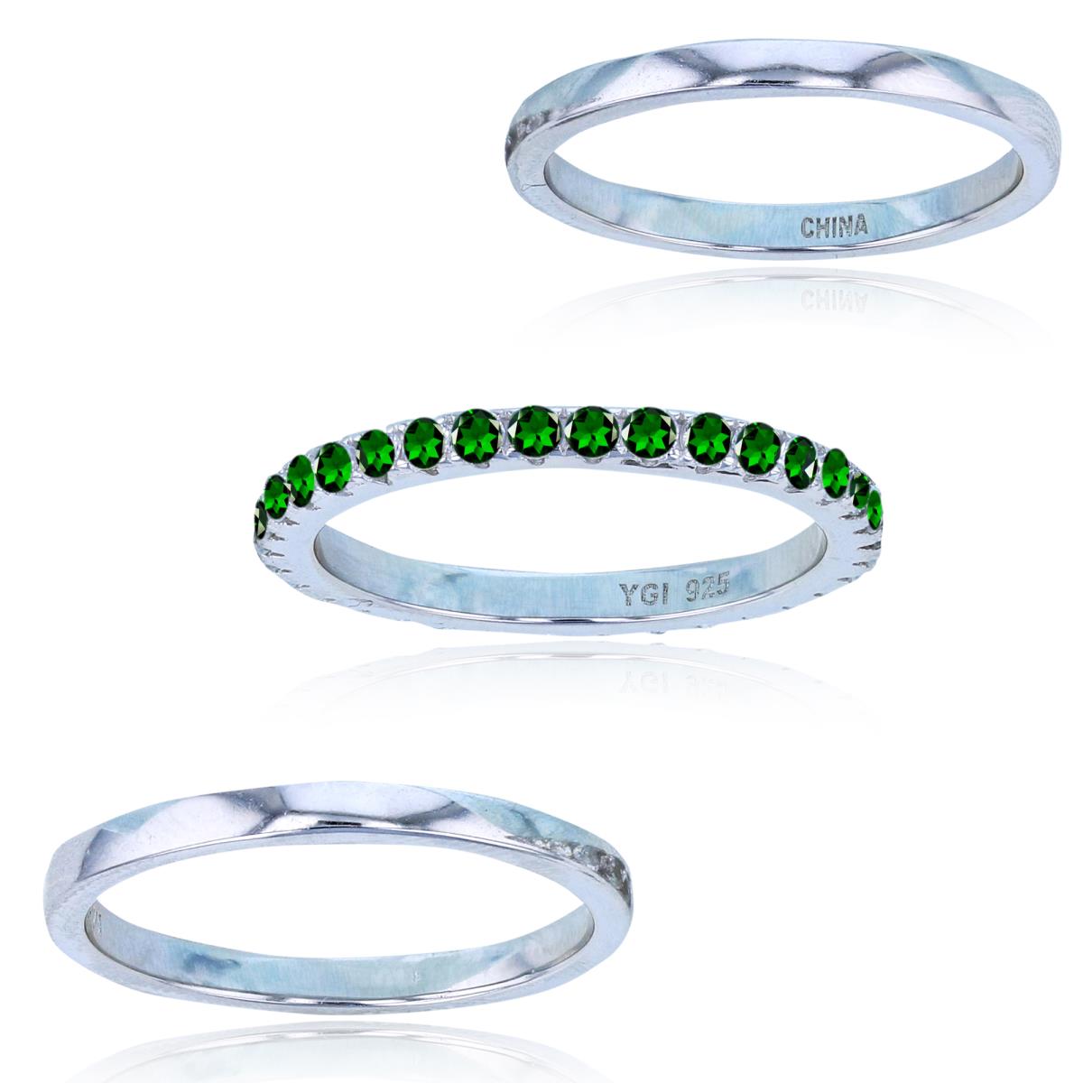 Sterling Silver Rhodium Rnd Chrome Diopside & Two Plain Bands Set