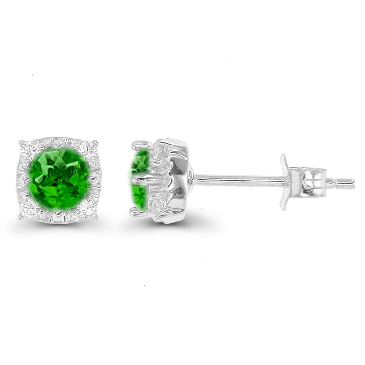 Sterling Silver Rhodium 4.50mm Chrome Diopside Rd White Zircon Stud Earring
