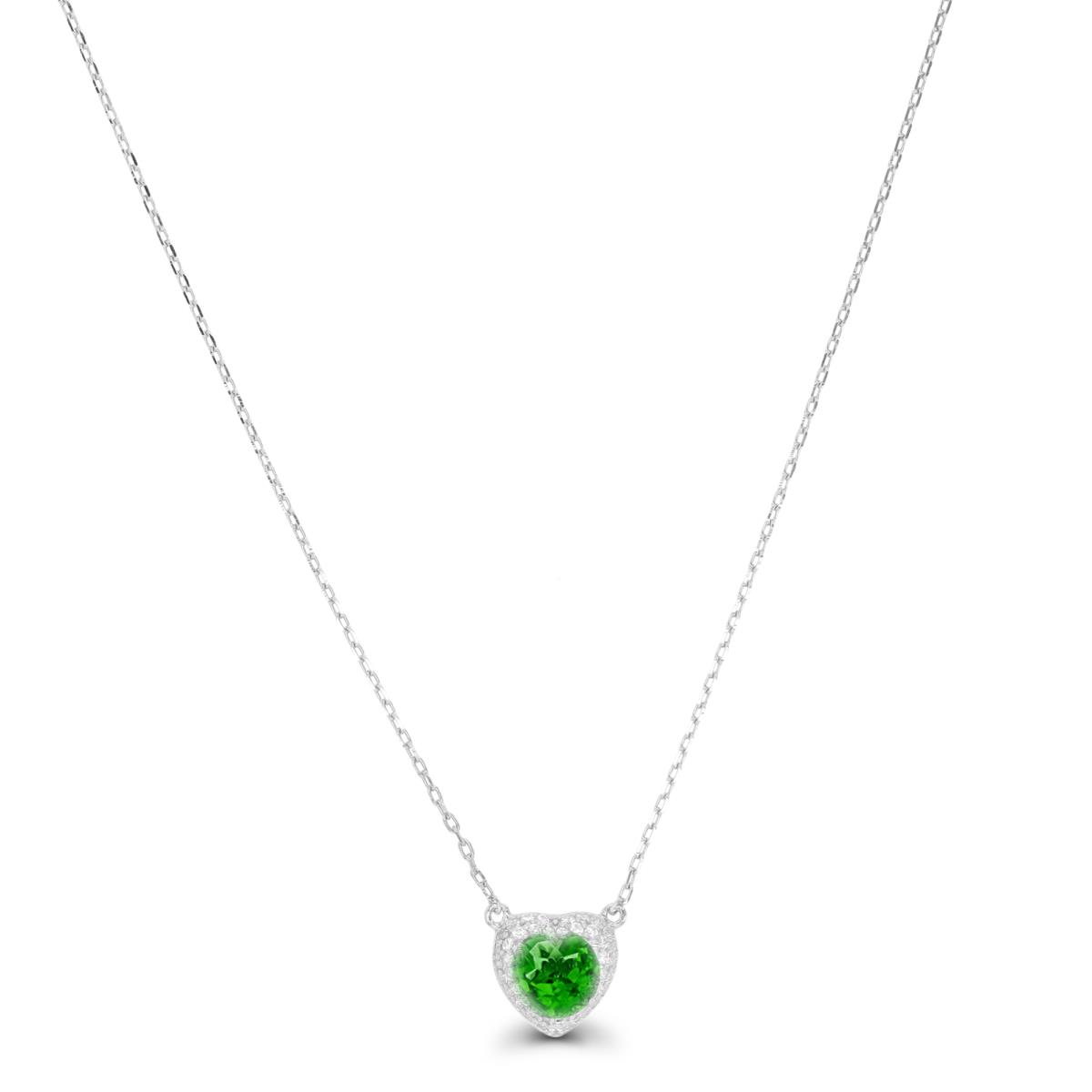 Sterling Silver Rhodium 6mm Heart Chrome Diopside Domed Halo Dangling 16"+2" Necklace