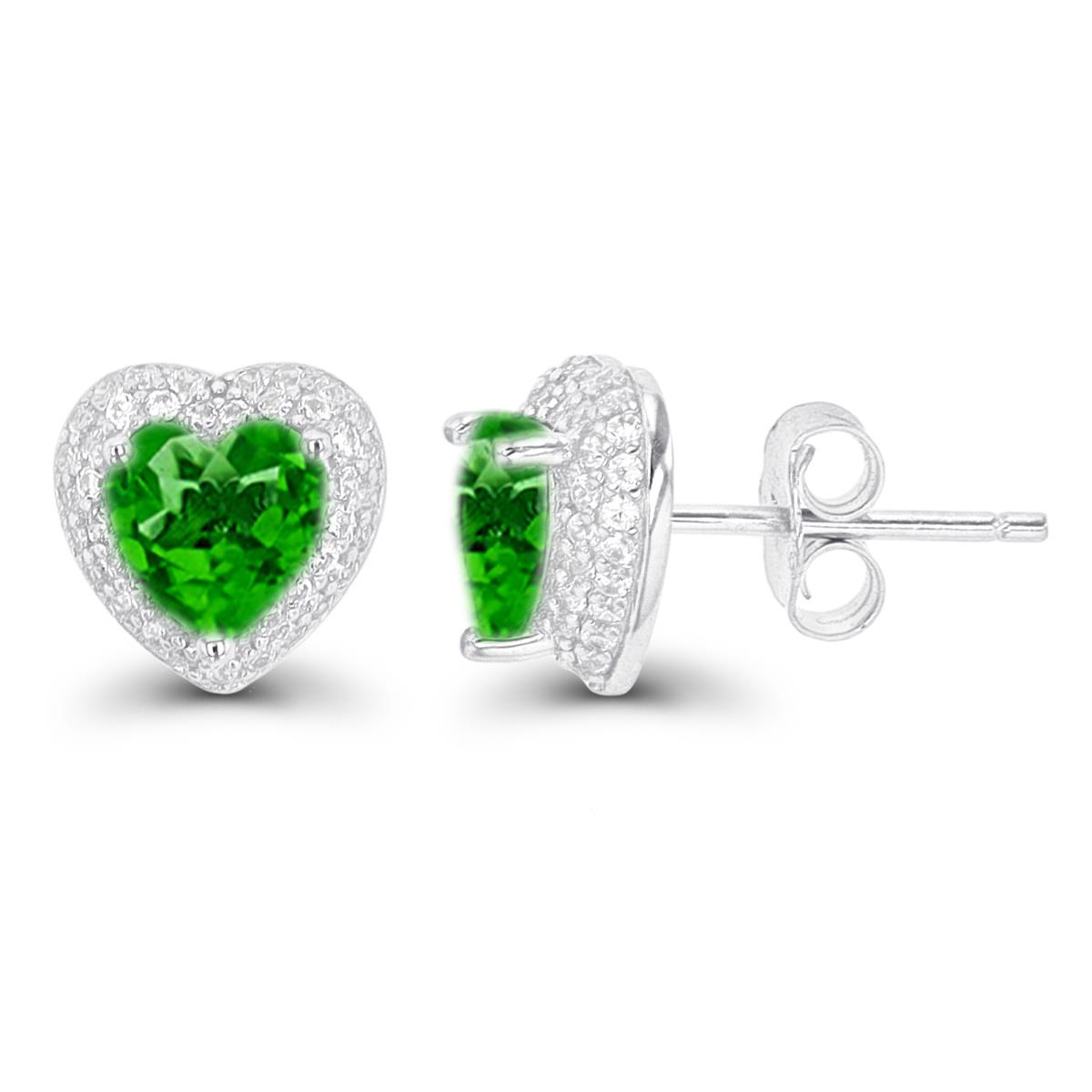 Sterling Silver Rhodium 6mm Heart Chrome Diopside Domed Halo Stud Earring