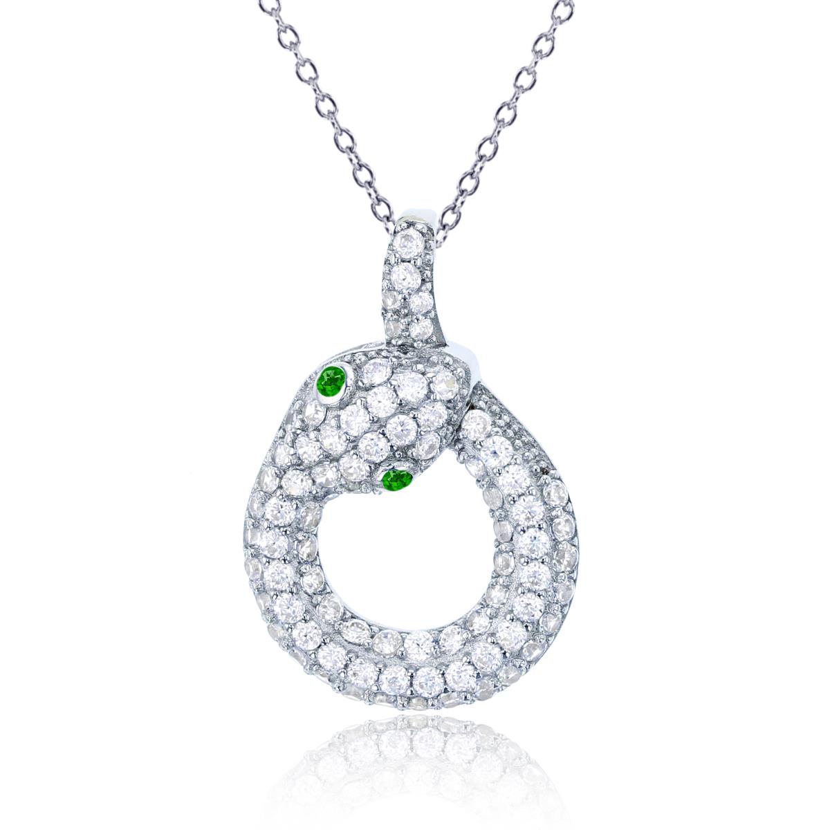 Sterling Silver Rhodium Rnd Chrome Diopside & White Zircon Puffy Snake 18"Necklace