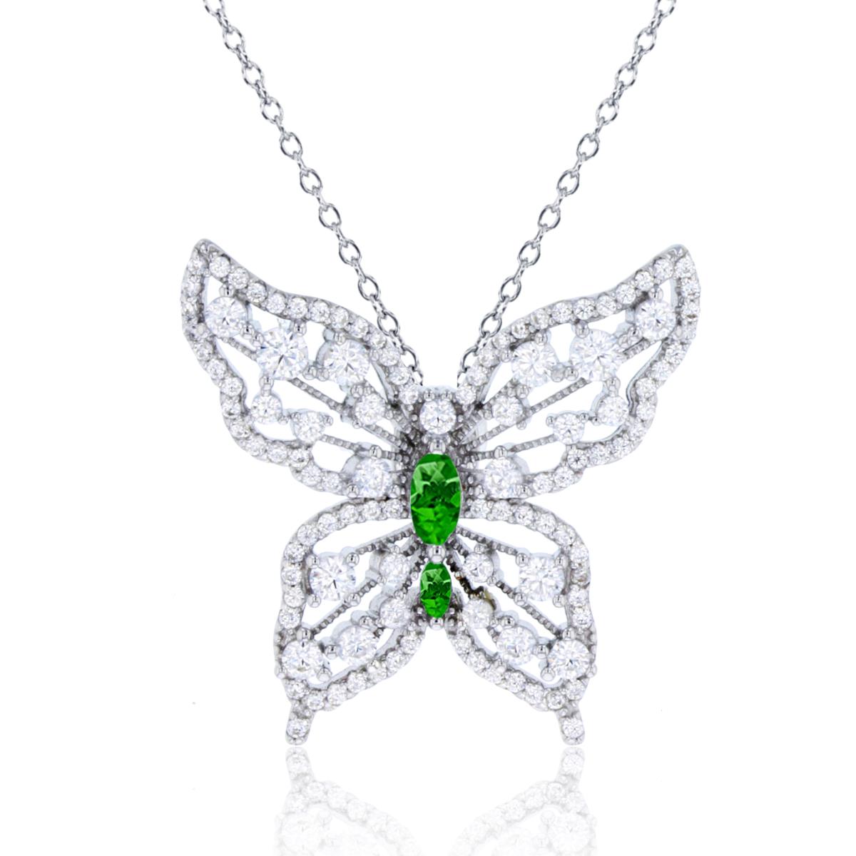 Sterling Silver Rhodium Rnd White Zircon & MQ Chrome Diopside Butterfly 18"Necklace